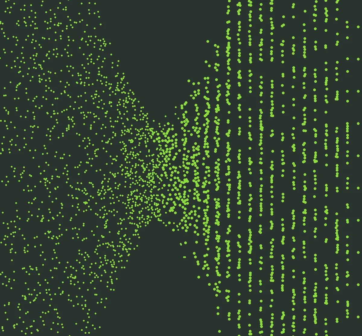Scattered green dots converging into an ordered grid